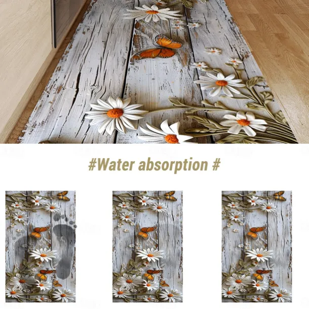 Wooden Daisy Area Rug Kitchen Mat Non-Slip Oil Proof Floor Mat Livingroom Rug Indoor Outdoor Mat Bedroom Decor Bathroom Mat Entrance Rug Door Mat