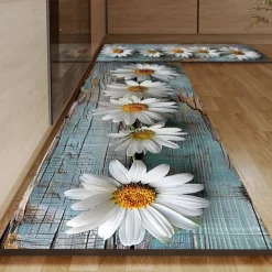 Wooden Daisy Pattern Kitchen Rug Area Rug Mat Non-Slip Oil Proof Floor Mat Livingroom Rug Indoor Outdoor Mat Bedroom Decor Bathroom Mat Entrance Rug Door Mat