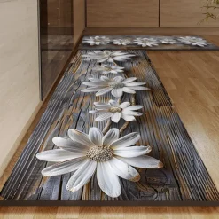 Wooden Daisy Pattern Kitchen Rug Area Rug Mat Non-Slip Oil Proof Floor Mat Livingroom Rug Indoor Outdoor Mat Bedroom Decor Bathroom Mat Entrance Rug Door Mat