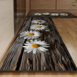 Wooden Daisy Pattern Kitchen Rug Area Rug Mat Non-Slip Oil Proof Floor Mat Livingroom Rug Indoor Outdoor Mat Bedroom Decor Bathroom Mat Entrance Rug Door Mat