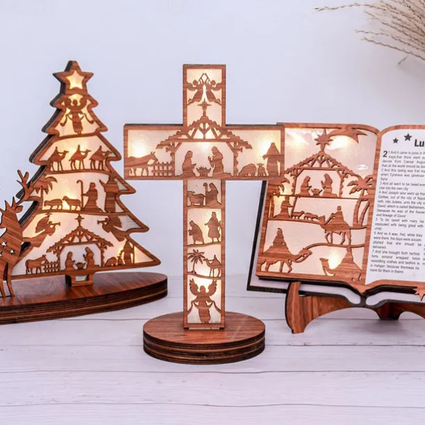Wooden Light-Up Nativity Scene Decor, Jesus Birth Display with Christmas Tree and Reindeer, Easter Nativity Ornament for Home Decoration