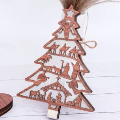 Wooden Light-Up Nativity Scene Decor, Jesus Birth Display with Christmas Tree and Reindeer, Easter Nativity Ornament for Home Decoration