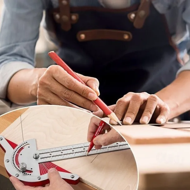 Woodworker Edge Rule Stainless Steel Square Edge Ruler Woodworking Compass And Protractor Set, Multi-function Angle Measure Tool With Wall Hanging Storage Rack Only Imperial No Metric